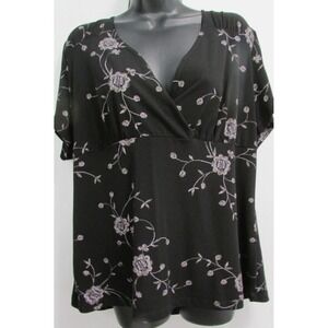 CKW Women Black Floral Embroidered V Neck Short Sleeve Top 2X